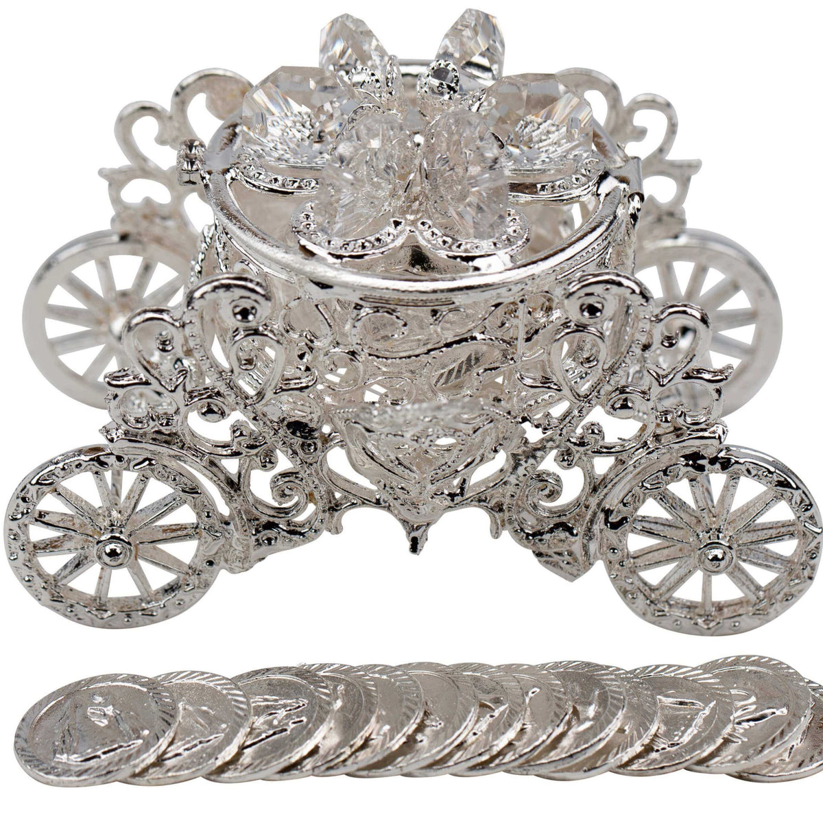 Carriage Chest With Crystal Beading. This beautiful accessory is available is silver or gold. This set includes the traditional 13 coins used in a wedding ceremony.