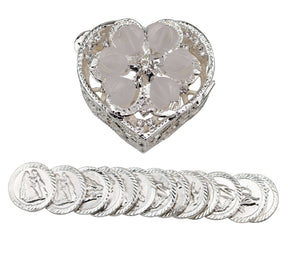 Silver plated heart shaped chest with heart shaped crystal beading. This set includes the traditional 13 coins used in a wedding ceremony.