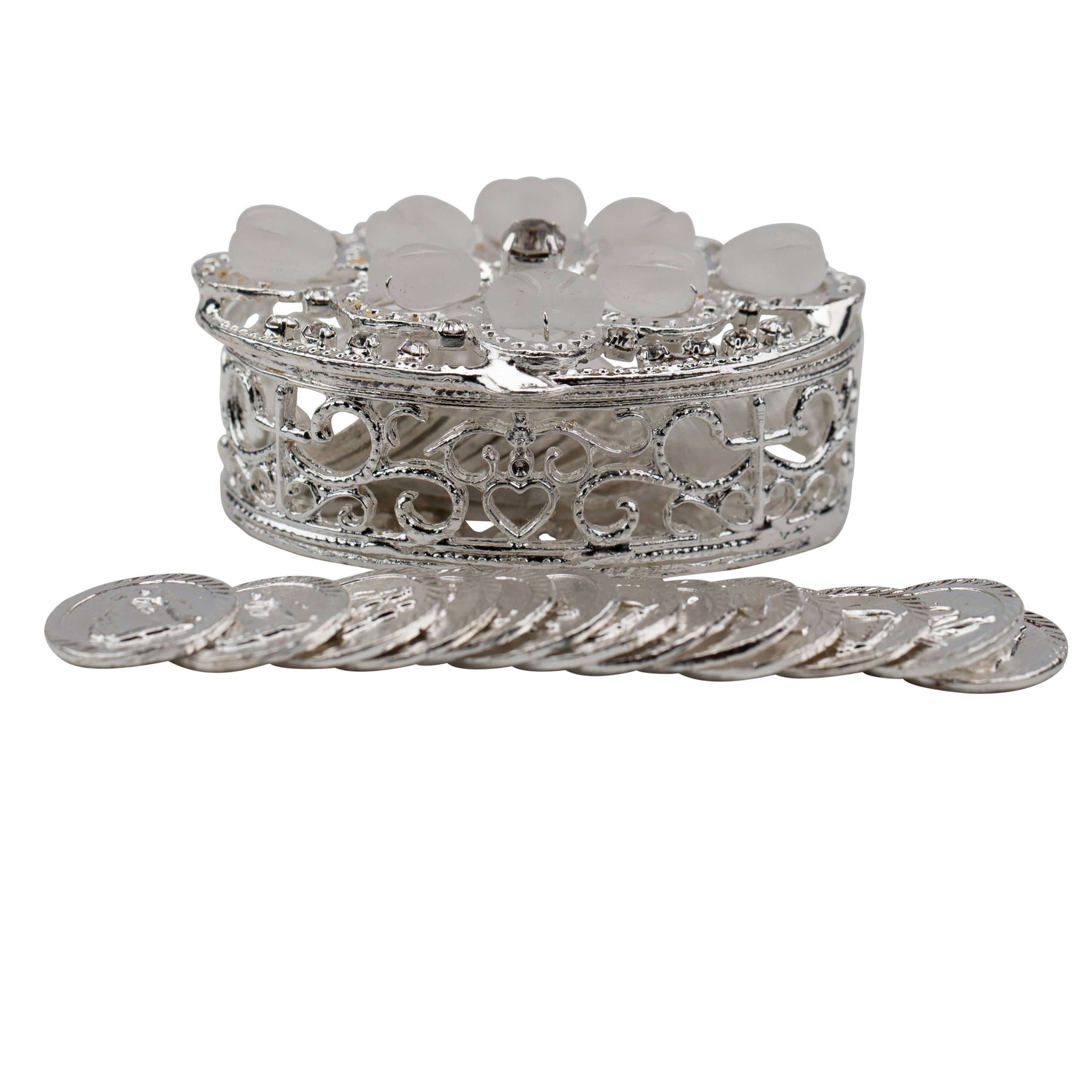 Silver plated oval shaped chest with frosted heart crystal beading. This set includes the traditional 13 coins used in a wedding ceremony.
