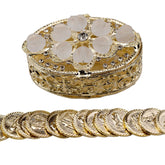 Gold plated oval shaped chest with frosted heart crystal beading. This set includes the traditional 13 coins used in a wedding ceremony.