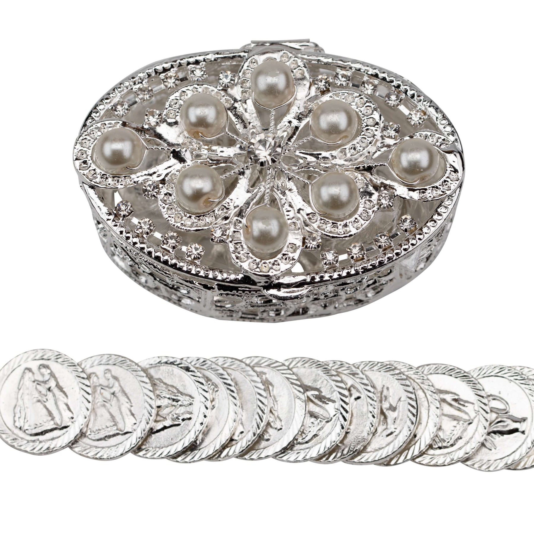 Silver plated oval shaped chest with Swarovski crystal beading. This set includes the traditional 13 coins used in a wedding ceremony.